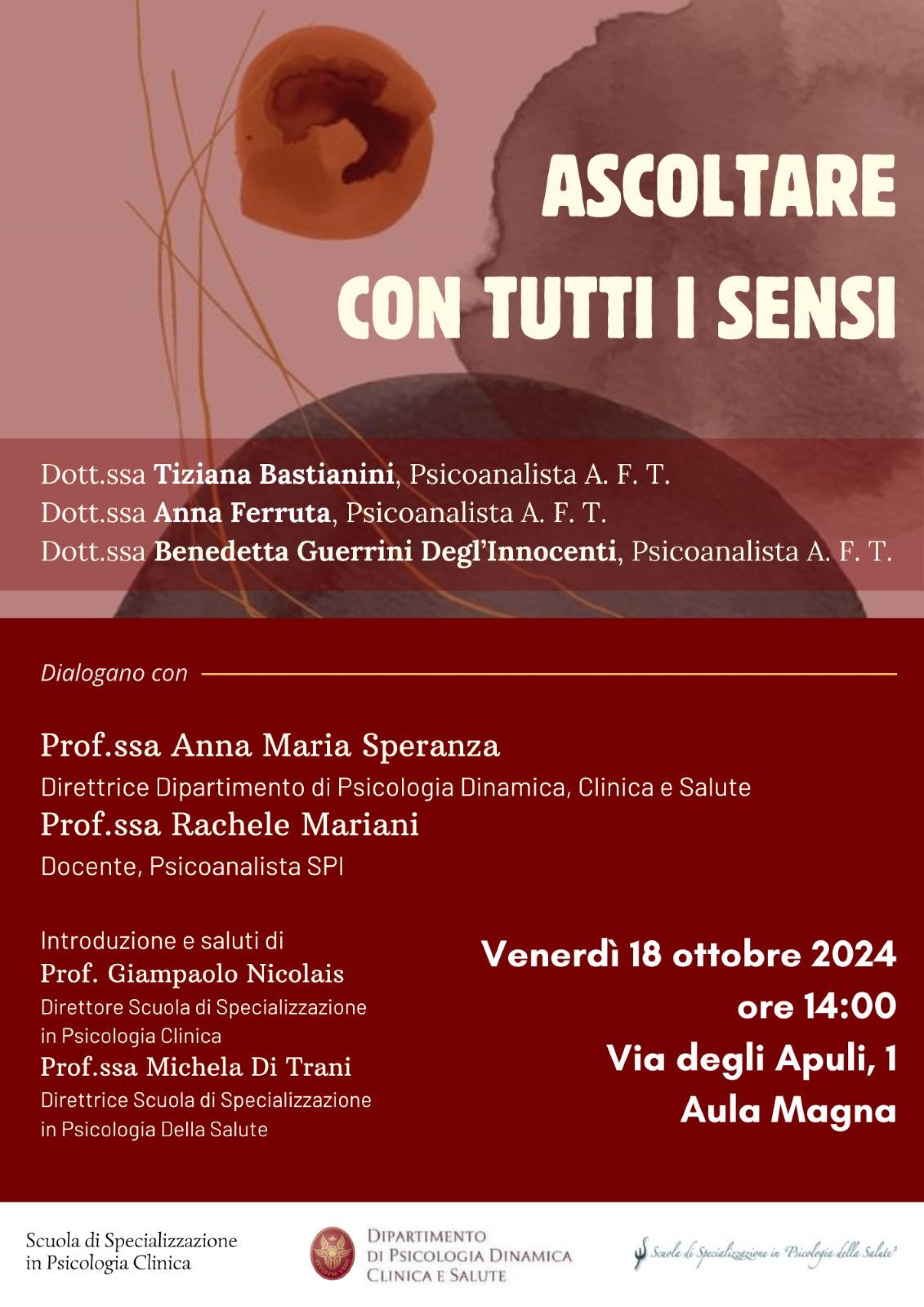 venerdì 18  ottobre - ASCOLTARE CON TUTTI I SENSI con Tiziana Bastianini, Anna Ferruta, Benedetta Guerrini Degl'Innocenti